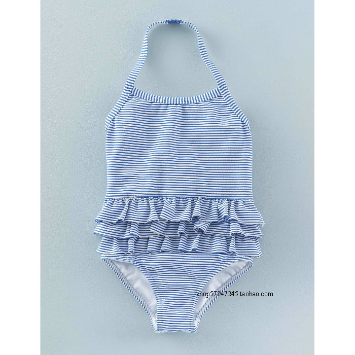 现货包邮 MiniBoden正品童装 夏女童防晒蓝条纹挂脖连体泳衣2-3岁