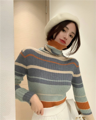 Real shot South Korea autumn and winter hit versatile contrast striped high collar slim T-shirt