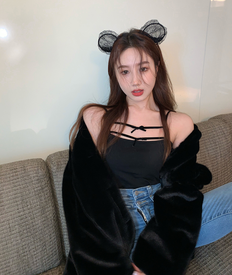 Real shot Black Sexy bow sling with sexy vest