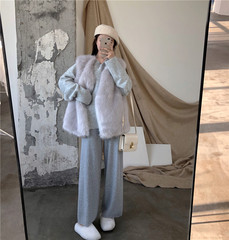 Real picture V-neck knitted sweater + Wool Vest + lace up loose wide leg pants suit