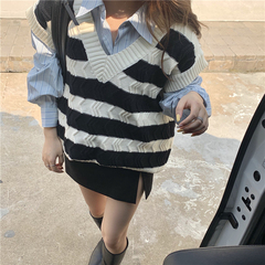 Black and white stripe Knitted Vest + striped shirt suit