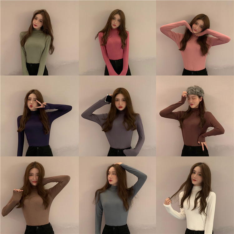 Real shot 2020 autumn versatile solid color with thickened slim fitting high collar bottoming Shirt Long Sleeve T-Shirt