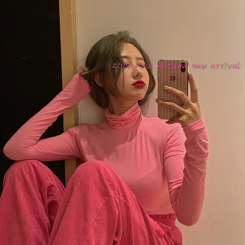 Real shot retro pink pink light pink high collar bottoming shirt + Rose corduroy Wide Leg Pants Set