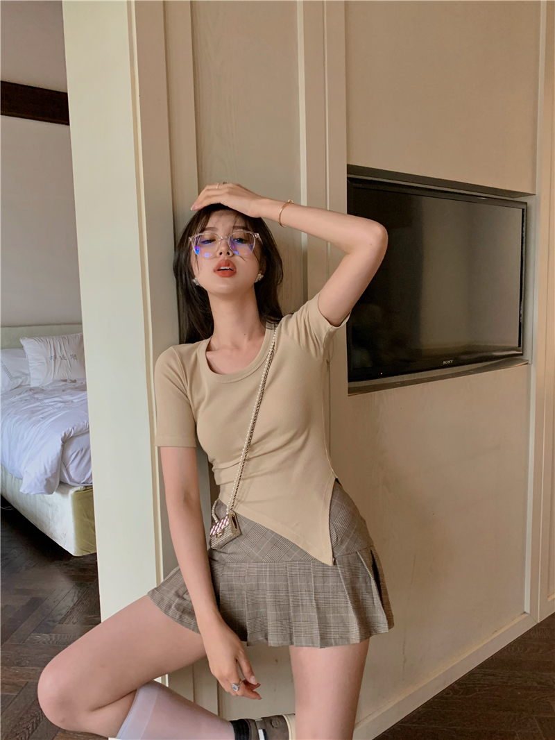 Real shot slim solid irregular split top T-shirt round neck short sleeve T-shirt