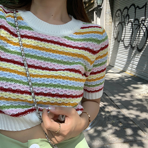 Actual Pink-green Girl Spring Rainbow Stripe Short Top Wool Knitting Woman