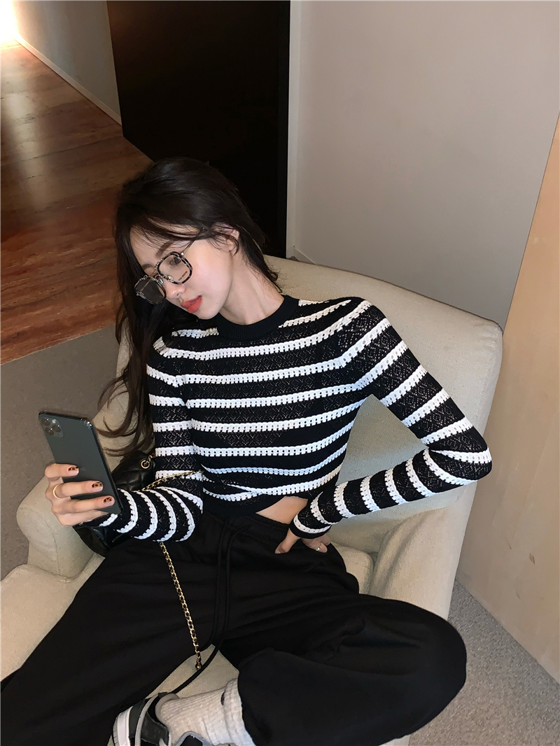 Real shot striped jacquard mesh knitted top