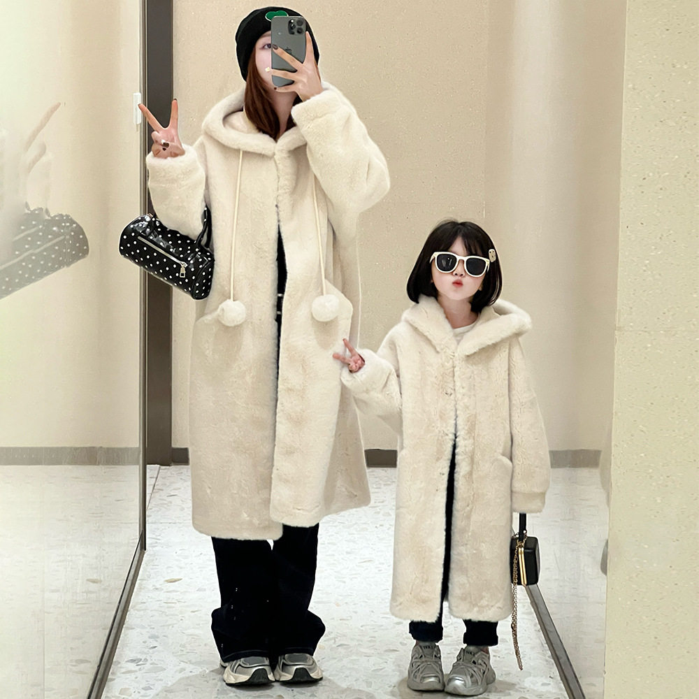 秋冬亲子装全家装圣诞仿水貂毛皮毛一体皮草外套女童宝宝儿童母女