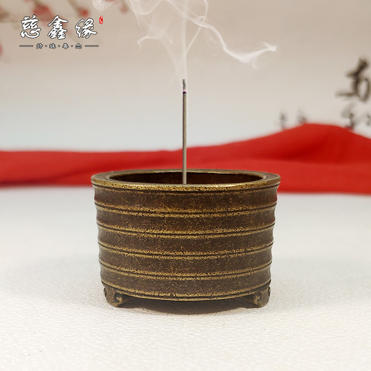 袖珍迷你纯黄铜竹节弦纹炉手玩家用随身圆柱形熏香炉超小号线香炉