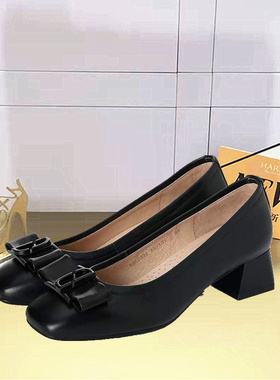 KS231532卡迪娜2023春季新款粗跟中跟圆头时尚优雅蝴蝶结浅口单鞋