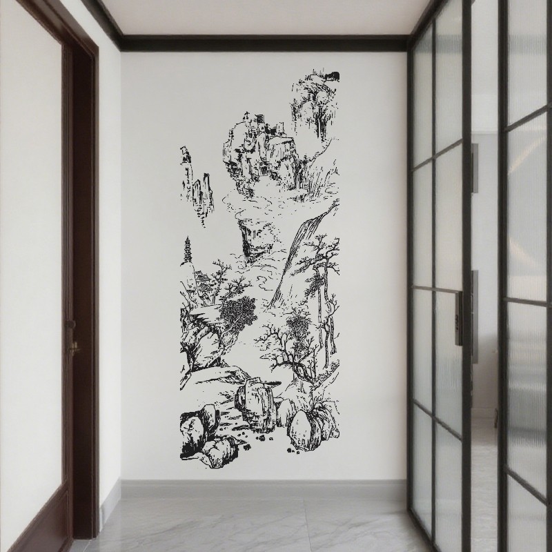 中国风山水画墙画模板手绘中式