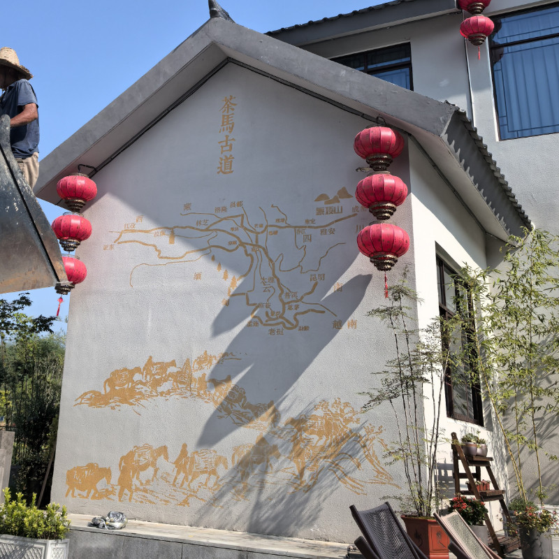 茶马古道墙体彩绘模板中国风茶文化手绘墙画模具外墙绘美化茶园艺