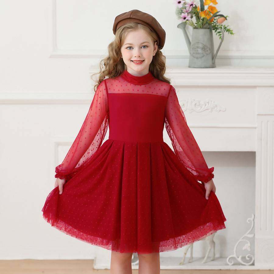 亚马逊跨境长袖女童连衣裙网纱公主裙童装蕾丝表演服派对黑色礼服