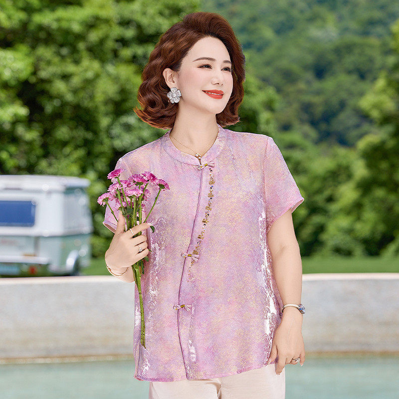 新中式妈妈夏装套装雪纺短袖盘扣