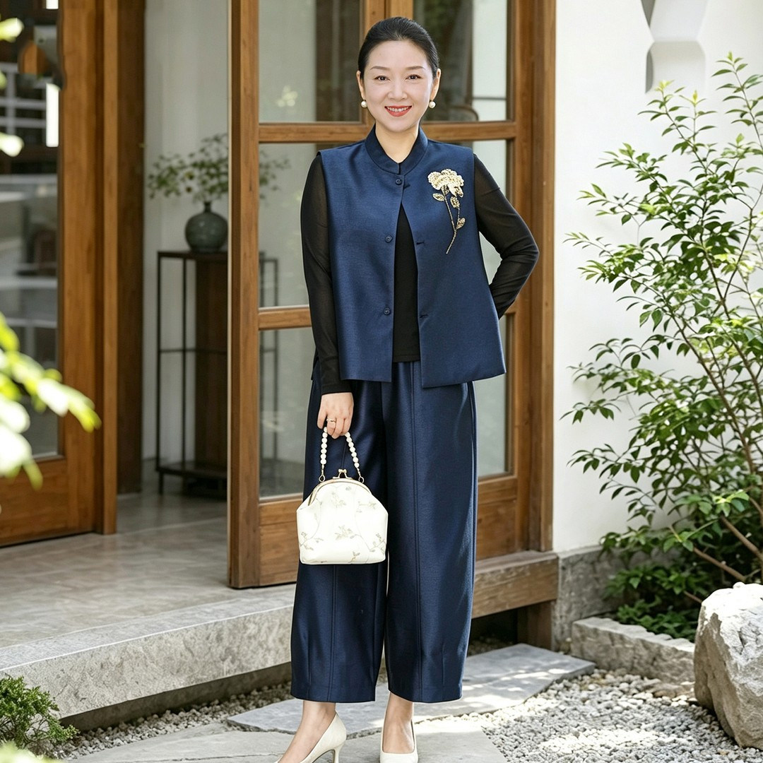 中老年人女春秋马甲洋气两件套