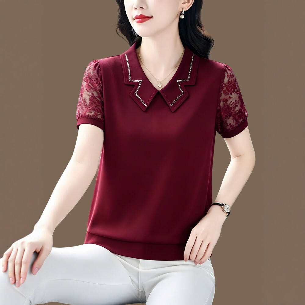 妈妈夏装蕾丝拼接翻领短袖T恤女