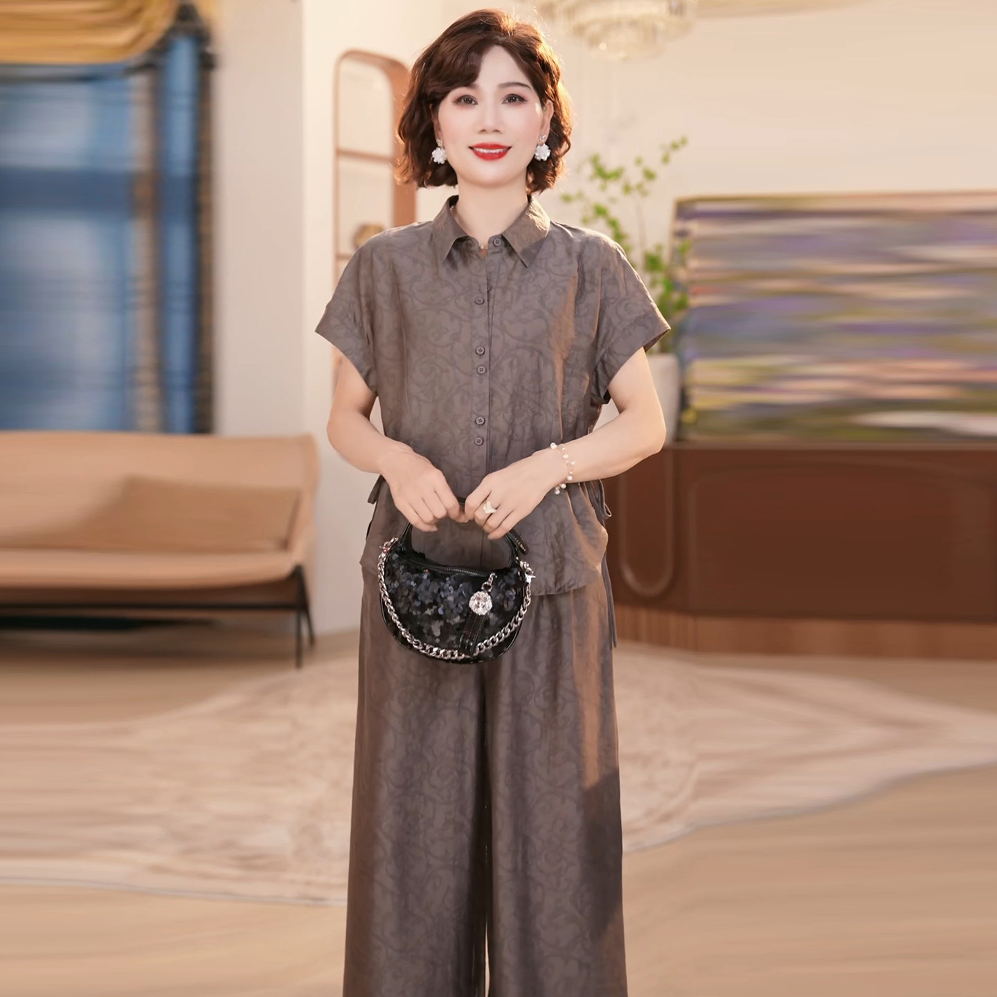 中老年女装上衣阔腿裤子两件套装