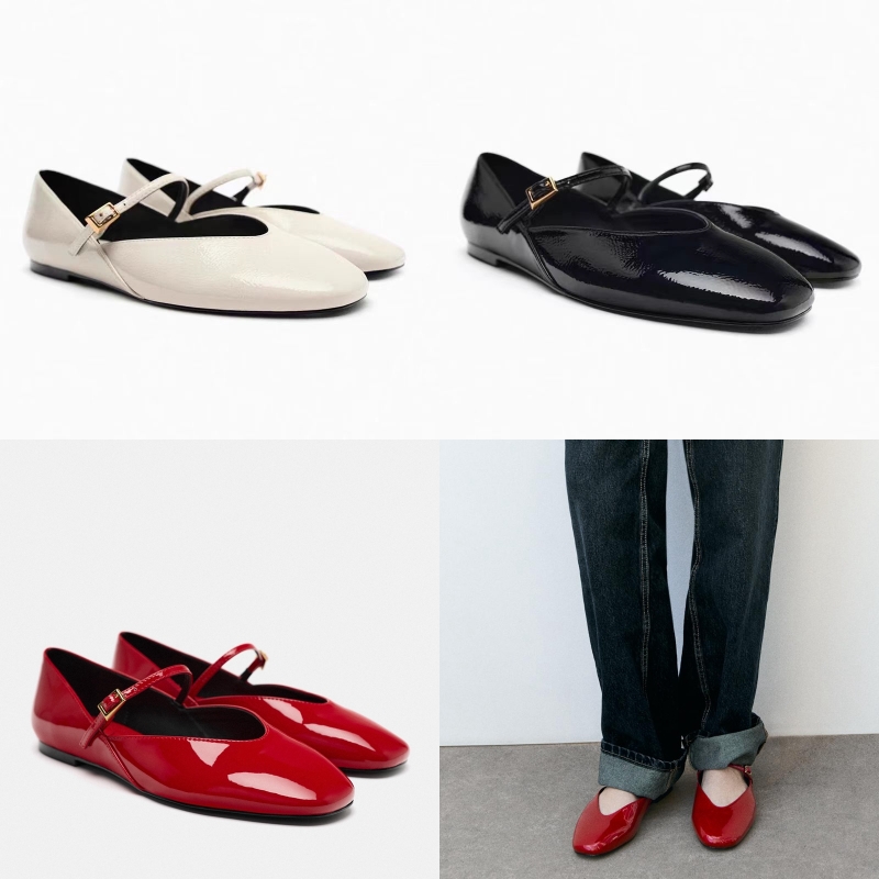 ZA2024春季新款玛丽珍平底单鞋漆皮芭蕾舞圆头一字带气质百搭女鞋