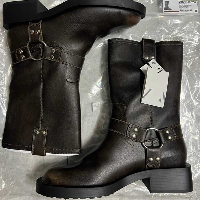 西班牙ZA2024冬季新款源单马丁靴复古擦色棕色欧美时尚中筒靴短靴