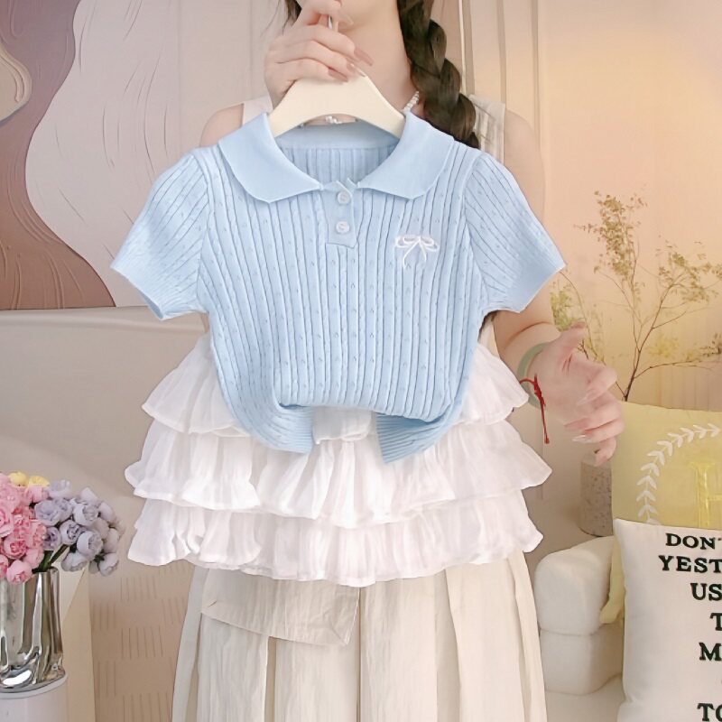 女童夏季短袖蛋糕裙套装2025新款夏装学院风翻领上衣半身裙两件套