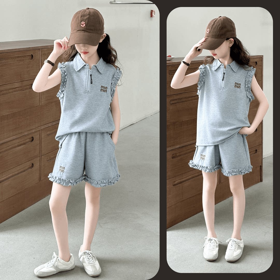 女童夏季短裤套装无袖花边背心两件套6~12岁中大童休闲洋气韩版潮