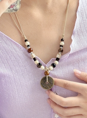 文创景德镇陶瓷吊坠毛衣链项链饰品批发国风文艺新中式可调节配饰