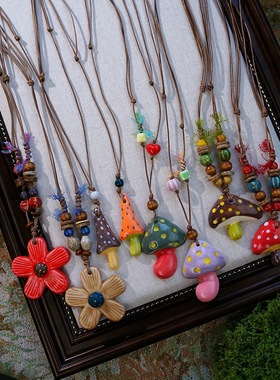 秋冬新品景德镇陶瓷蘑菇项链配饰女小众设计跨境项链饰品女高级感