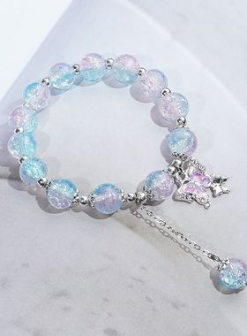 超仙蝴蝶水晶爆花手串女小众设计ins森系仙女甜美彩色国风串珠饰