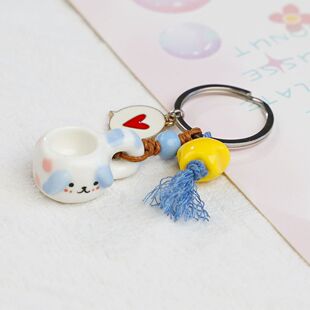 新款景德镇陶瓷卡通小水杯钥匙扣萌宠狗狗可爱清新手工小商品货源