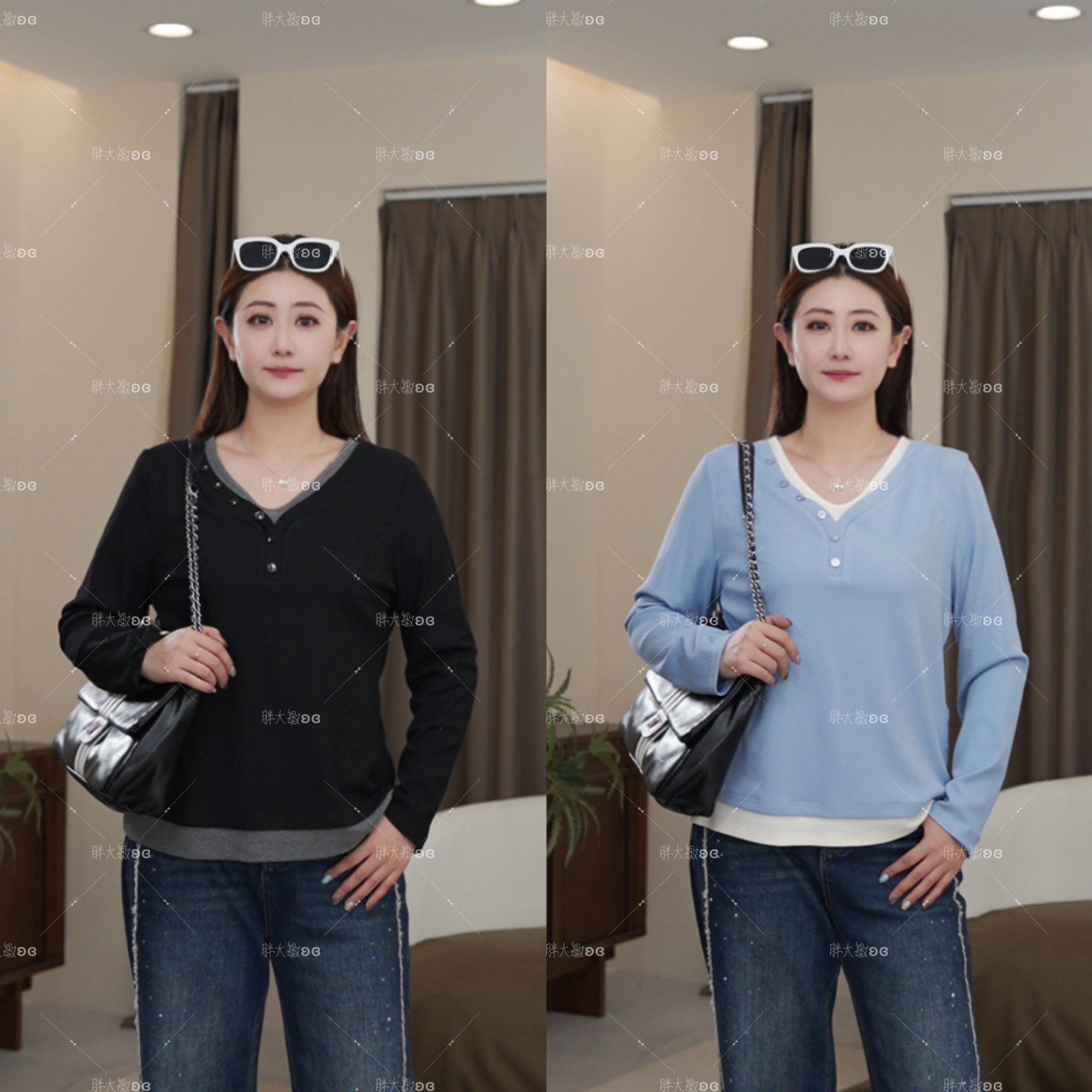 【秋款上新】PDM22516秋季新款法式显瘦V领拼接打底衫大码女装上
