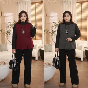 PWD33410【现货仅上衣】秋冬洋气撞色宽松显瘦大码女装【衣长68】