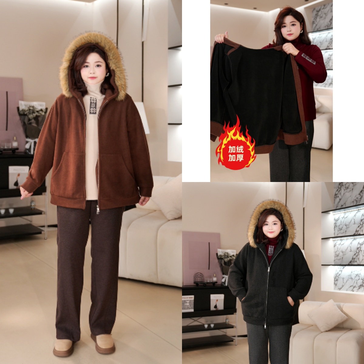 PWD33357【现货仅外套】冬季可拆卸毛领大码女装外套【衣长73】