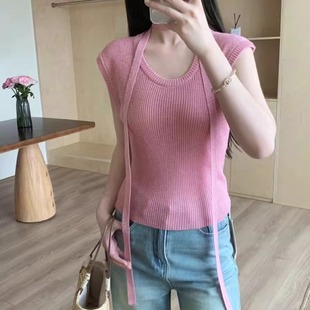 女百搭宽松上衣配领绳 夏季 新款 韩版 简约韩系u领冰丝针织衫