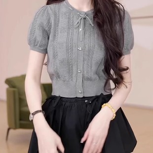 修身 灰色镂空蝴蝶结针织短袖 短款 t恤女2025新款 chic韩系上衣 夏季