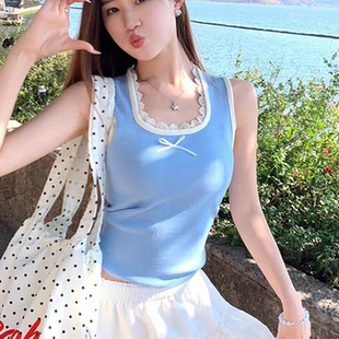 春夏新款 内搭花边上衣 甜美方领蕾丝拼接外穿针织背心女修身 无袖