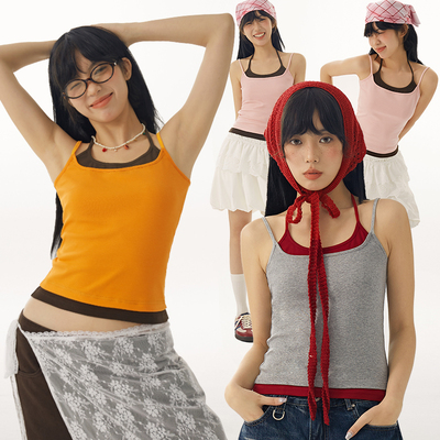 DBSC美式复古假两件挂脖吊带背心