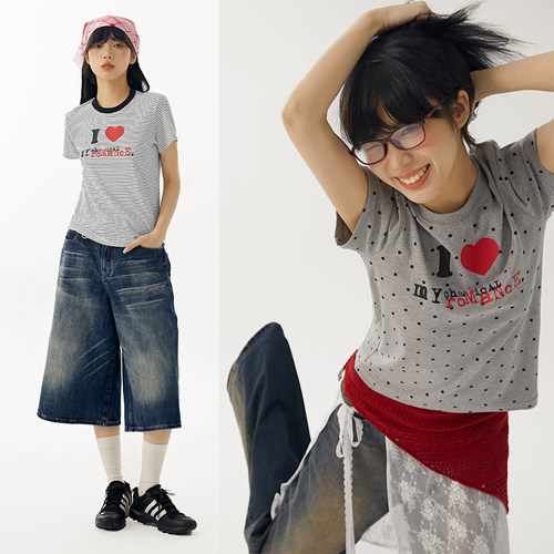 条纹波点爱心正肩短袖