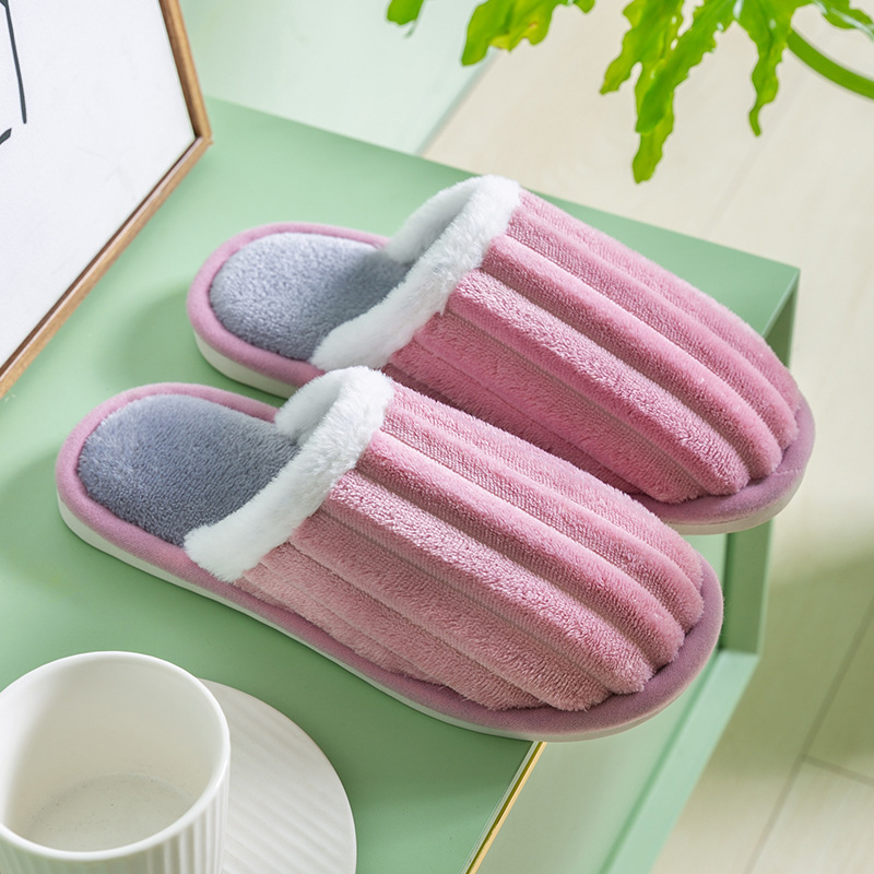 2023 new cotton slippers couple plush warm striped cotton sl
