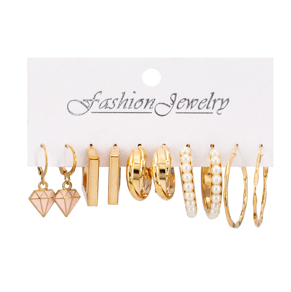 Vintage Gold Earring Set Geometry Pearl Women Simple Jewelry