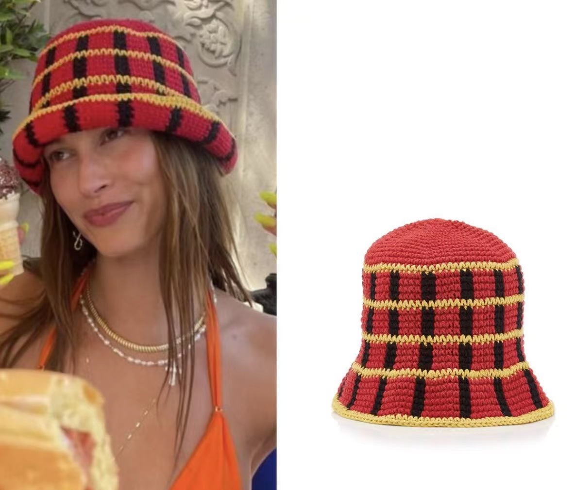 Clashing color plaid hand knitted bucket hat women woolen