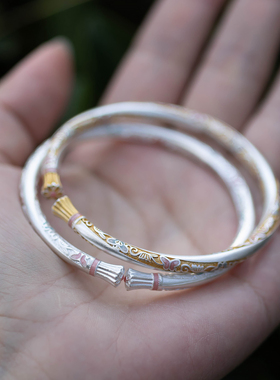 三个故事足银9999珐琅开口手镯