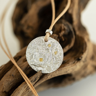 凤鸣 国风实心银牌 足银9999牡丹花凤凰圆形吊坠项链描金新中式