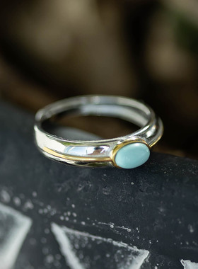 纯银S925描金绿松石开口戒指女