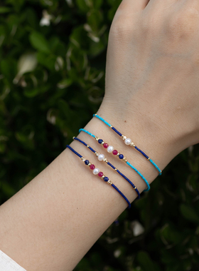 湖澜 复古人工绿松石青金石珍珠手链手串新中式国风混搭细款礼物