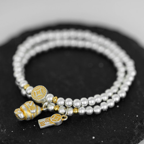 足银9999财神福牌双层手链