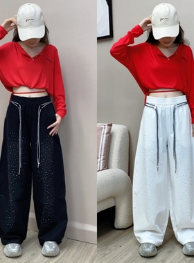 秋季新款潮牌弯刀牛仔裤阔腿裤烫钻闪钻长裤广场舞曳步舞跳舞裤子