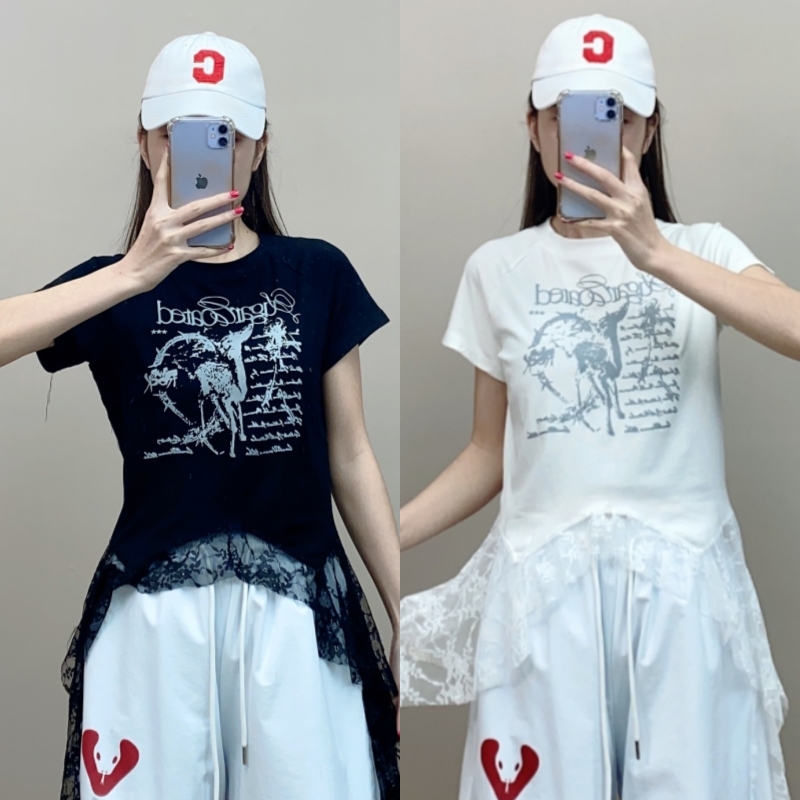 2025夏季新款蕾丝拼接字母印花不规则百搭T恤舞蹈服装跳舞衣服女