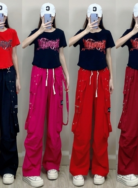 夏季新款飘带冰丝速干工装裤时尚潮流百搭运动跳舞裤子透气舞蹈裤