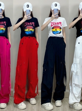 广场舞曳步舞跳舞裤子夏季冰丝速干舞蹈裤时尚百搭透气飘带工装裤