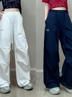 夏季新款侧边拼蕾丝宽松长裤嘻哈抽绳复古设计透气凉爽跳舞裤子