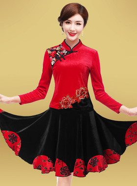 广场舞服装新款套装2025秋冬季长袖金丝绒保暖加厚跳舞蹈衣服旗袍